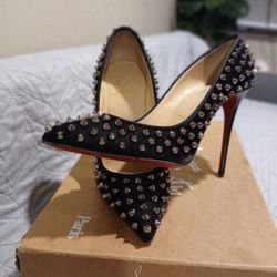 Christian Louboutin Spiked Velvet Black Heels Red Bottoms 