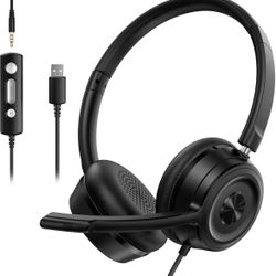 Headset wtih Mic, USB Headset with Microphone for PC, Computer Headset with Noise Canceling Microphone for Laptop, Wired Headset with Mute for Home Of