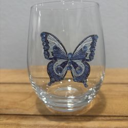Dolly Parton Jeweled Mosaic Blue Butterfly Stemless Wine Glass 18oz - NWOT