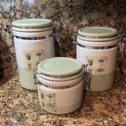 Set Of 3 Size Enamel Canister ,food Storage, $40