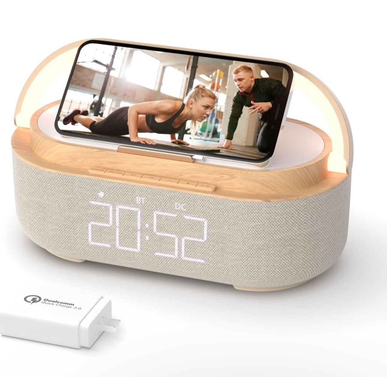 COLSUR Bluetooth Speaker Alarm Clock with Wireless Charger, FM Radio, Adjustable LED Night Light, 6 in 1 Bedroom Portable Speaker 2500mAh, Phone Stand