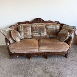 Vintage Curved Solid Wood Victorian 3 Seater Sofa Couch Clean and Good Condition