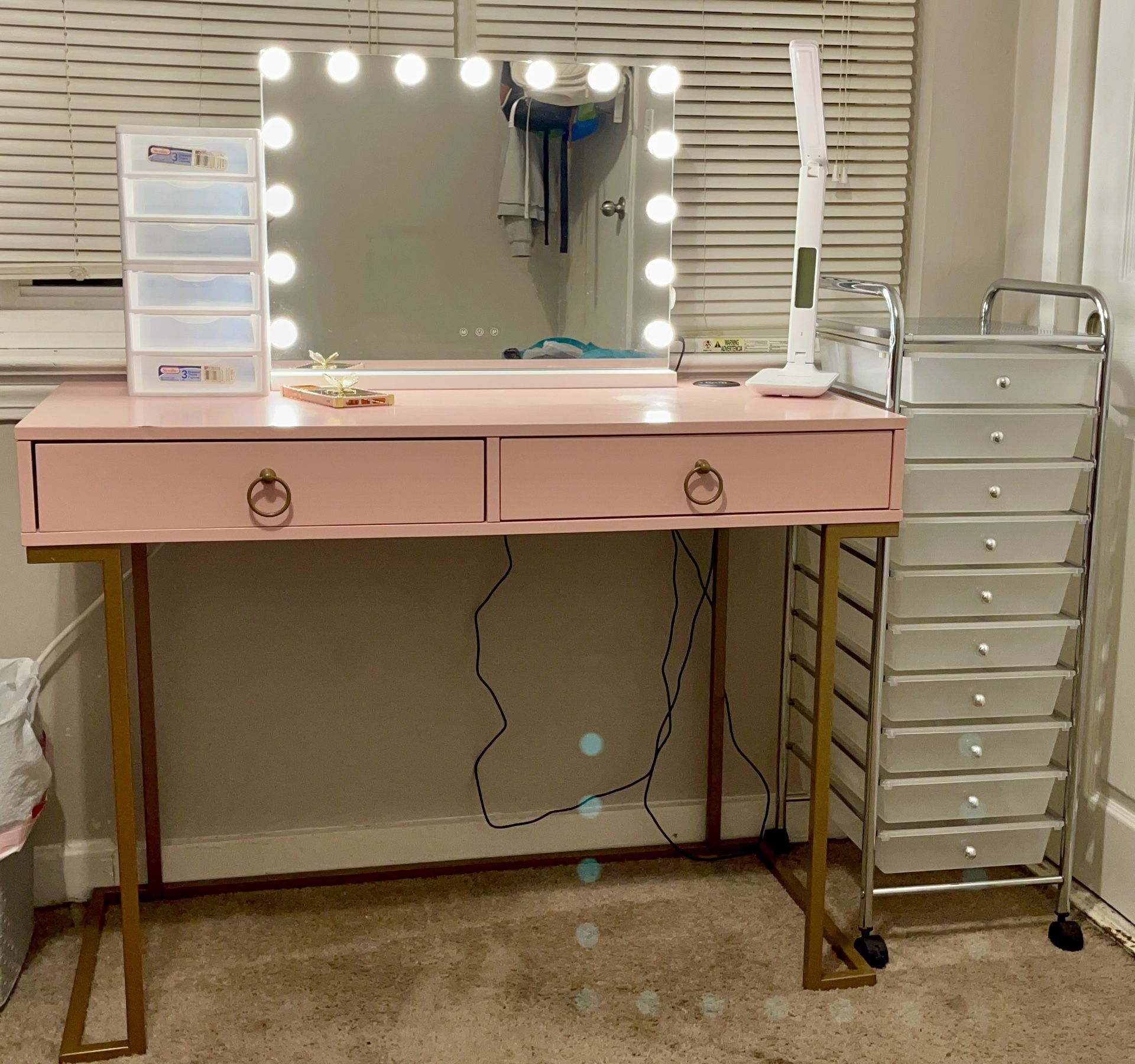 Pink Office/Vanity Desk with Built in Phone Charging