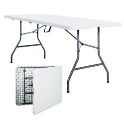 6FT Folding Table | White | Portable Plastic Table with Carry Handle | Waterproof & Foldable Table Design | Steel Frame with Lock | for Events, Campin