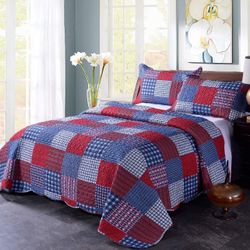 Queen Size Country Patchwork Bedding Set Lightweight Reversible Bedspread Coverlet Set Red Blue Pliad Quilts Soft Home Collections with 2 Pillow Shams