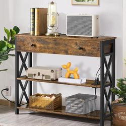 Yaheetech Console Table with 2 Outlets and 2 USB Ports, Industrial Entryway Table with Drawer and Storage Shelves, Narrow Sofa Table


