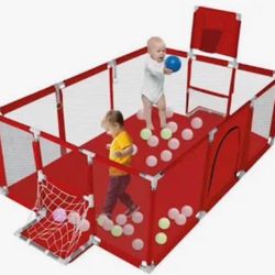 Large Baby Playpen 71 Inch With Basketball Hoop, 6-24 Months Toddler Playard, Red