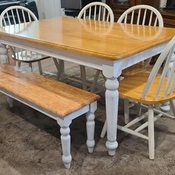 Farmhouse Dining Table And Chairs+ Bench/Set/Rare/Oak Wood/White/Rustic/Country/READ DESCRIPTION