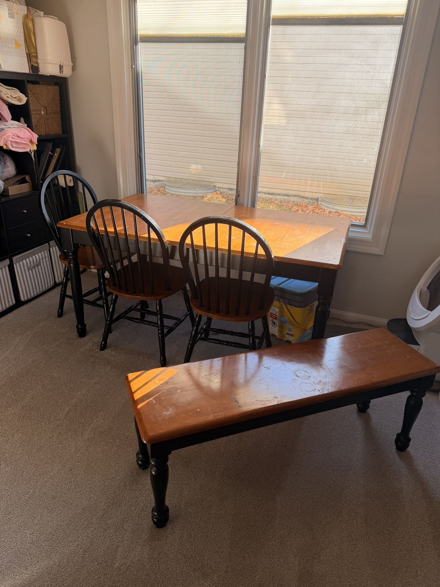 Wood Table, 3 Chairs, And Bench