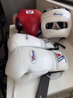 Authentic Winning Japan Boxing Set – 12 oz Lace Gloves + FG-5000 Headgear (L) + Groin Protector (L)