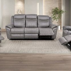 Brand New Plush Grey Leather 3pc Reclining Sofa Set 