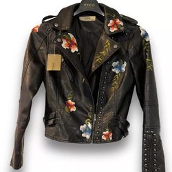 Brand New AFTF Basic Outerwear Embroided Womens Leather Jacket