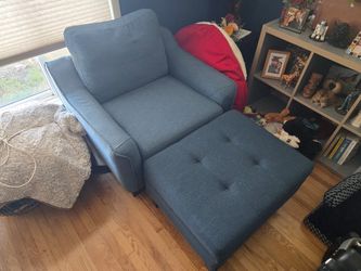 Blue Fabric Armchair and Ottoman Set