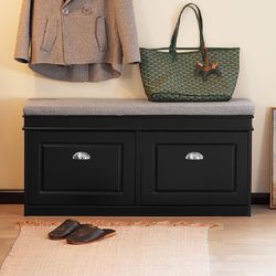SoBuy Black Storage Shoe Bench with 2 Flip Drawers, Hidden Shoe Bench, Free Standing Shoe Rack, Shoe Cabinet, Hallway Storage Bench with Seat Cushion 