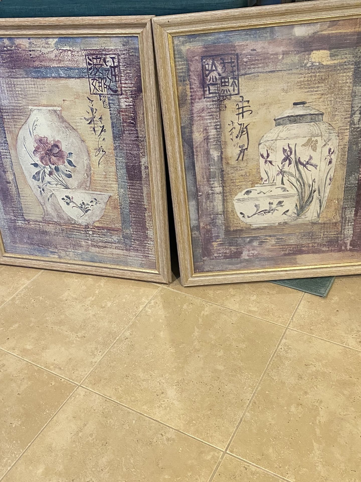 Two Oriental Framed Art Prints W/ Purple Iris In Vases / Distressed Wood Frames