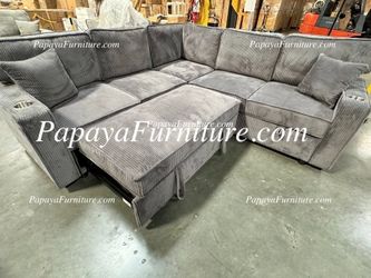 NEW L Shape Sectional Sofa with STORAGE and Pullout Sleeper Bed Fabric BIG Discount Convertible Sofa Bed USB Charging Port Cup Holder Dark Grey Corner