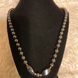 Vintage 30” Charcoal Grey Glass Pearls With Small Gold Beads