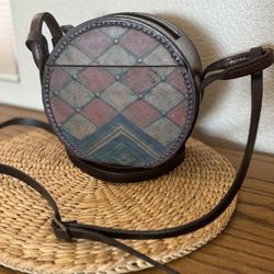 Handcrafted Round Leather Crossbody Bag Geometric Design