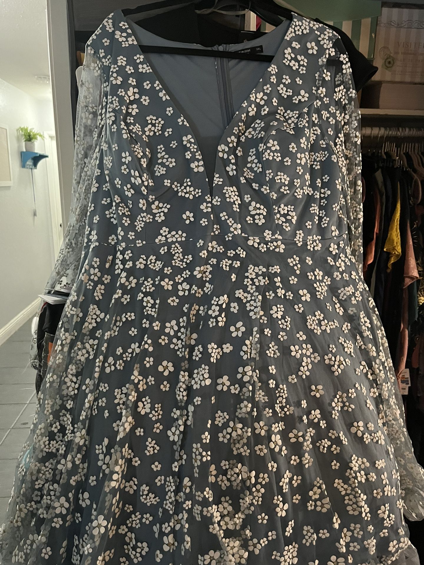 Blue Long Sleeve Floral Dress