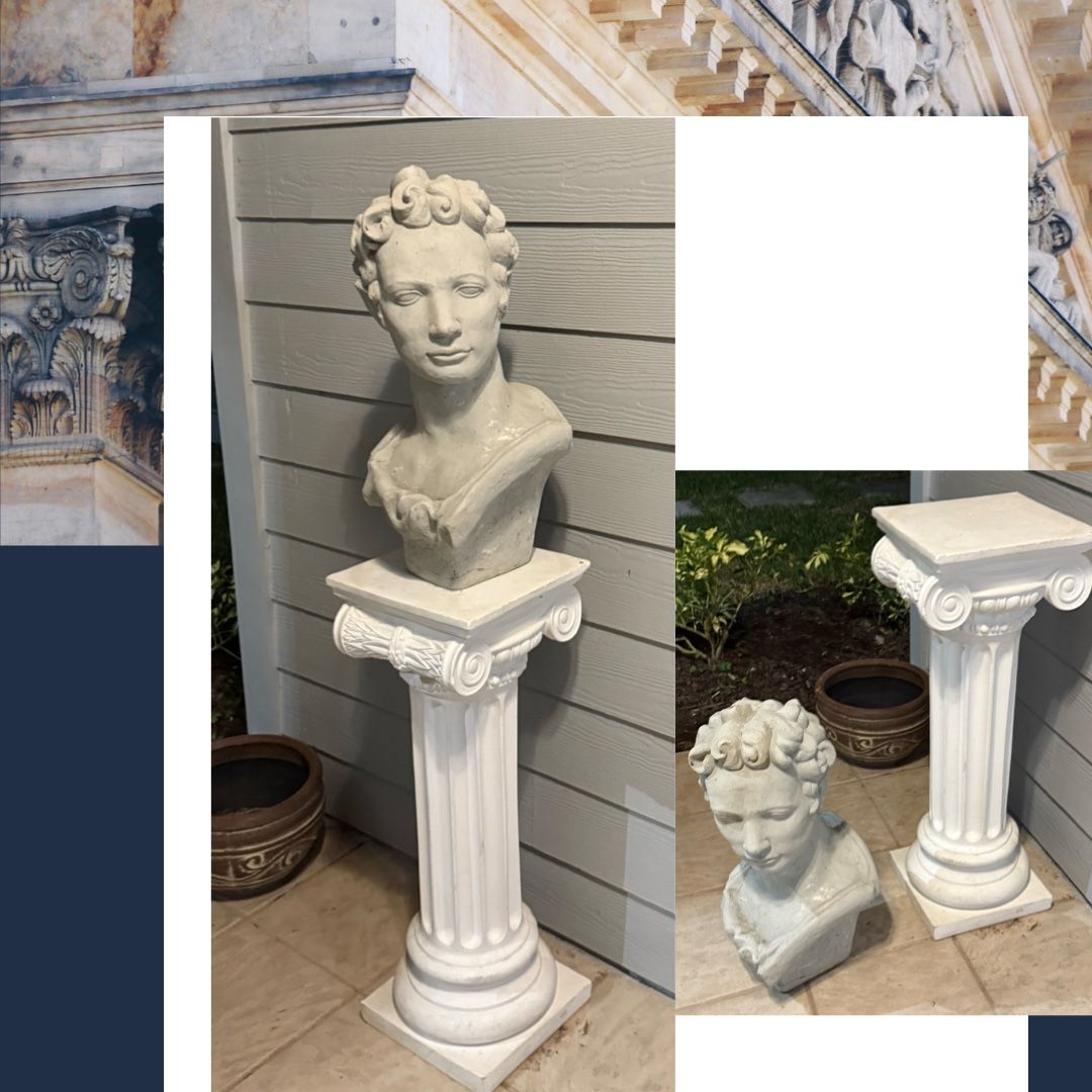 Vintage Concrete Bust And Vintage Column Pedastal 