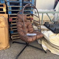  Modern Wicker Indoor & Outdoor Patio Swing Hanging Egg Chair with Khaki Cushion, Garden Rattan Hammock Chair with Stand