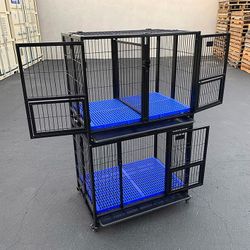 (Brand New) $310 Stacking Dog Crate 37”x25”x64” Heavy-Duty Cage Folding Kennel w/ Plastic Tray (Set of 2)