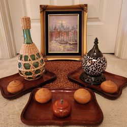 Boho Retro Mid-Century Modern Vintage Decor~Art Painting/Green Glass/Wood Bead Charger/Mosaic Stained Glass Tealight Candle Holder Lantern Lamp/Pots