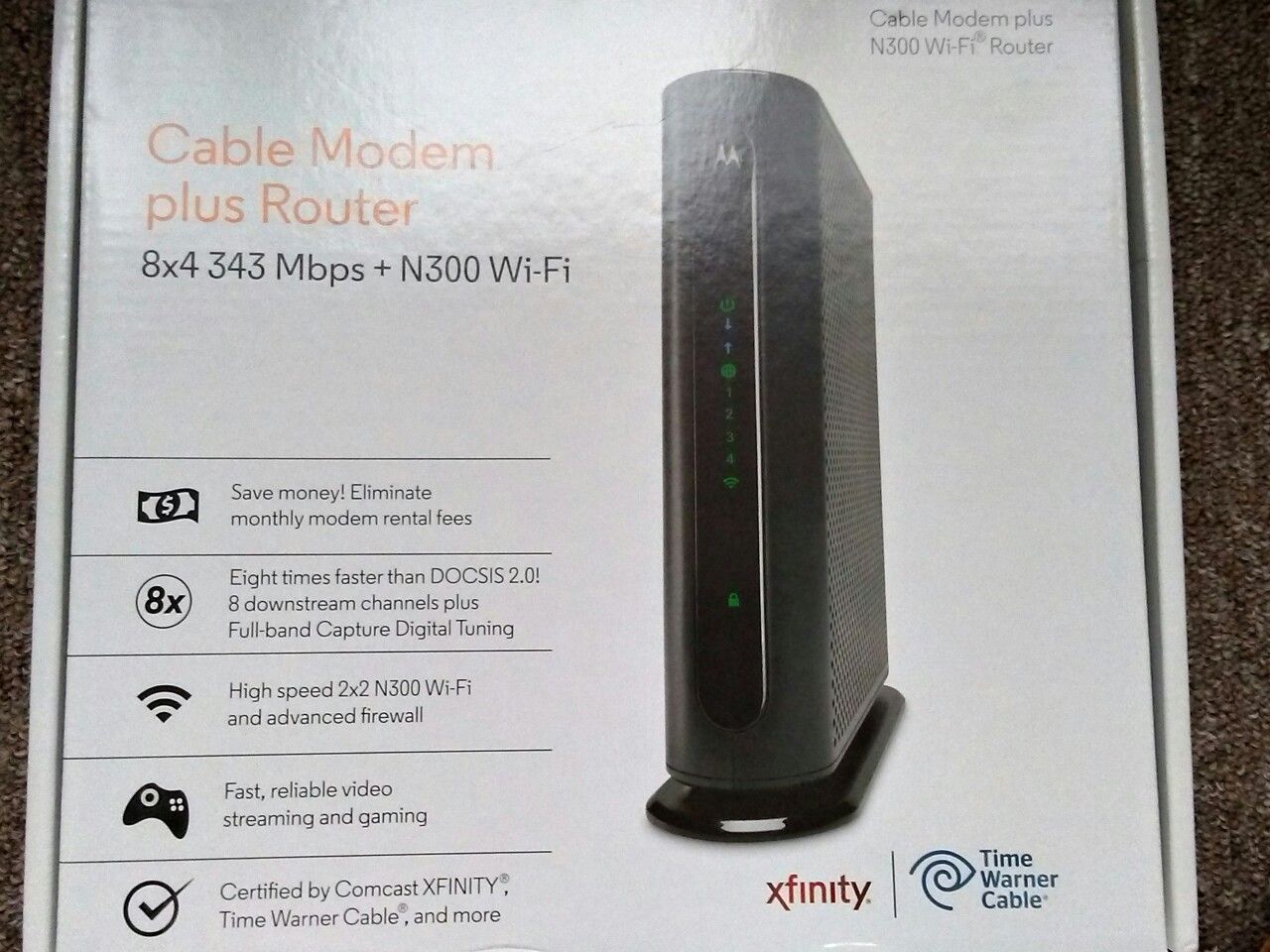 Cable Modem plus Router, Motorola, Model MG7310, 8x4 343 Mbps + N300 Wi-Fi