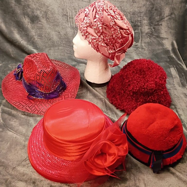 Lot 5 Vintage Red And Pink Hats, Bucket, Flower Pot, Slouch, Ribbon, State Cowboy