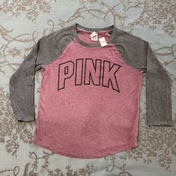 Victoria's Secret PINK Maroon Gray 3/4 Sleeve Baseball Tee Shirt Size Medium