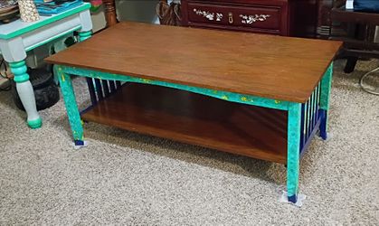 TWO-TIER TABLE /Coffee Table in AQUA, Blue, Yellow Hand-painted from Mexico Measures 41"L X 21"W X 17"H