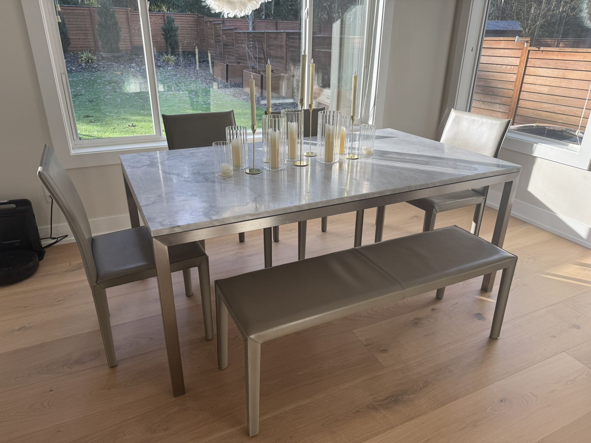 Crate And Barrel Marble Table With Calf Leather Bench And Chairs