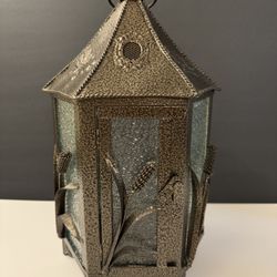 Metal Hammered Bronze Color 14”x7” Glass Hanging Candle Holder/Lantern