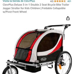 ClevrPlus Deluxe 3-in-1 Double 2 Seat Bicycle Bike Trailer Jogger Stroller for Kids Children | Foldable Collapsible w/Pivot Front Wheel for $120