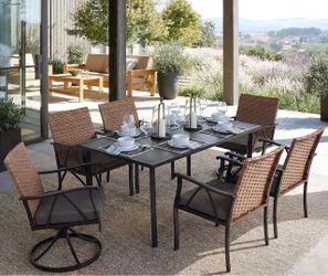 New in box 7-Piece Patio Dining Set for 6, Outdoor Dining Set with Wicker Swivel Patio Dining Chairs with Cushions & Black Rectangular Woodgrain Dinin