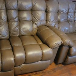 2- Matching Gray Leather Movie Theater Quality Reclining Love Seats.