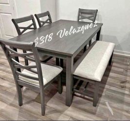 ✅️✅️6 pc Grey  Color dining table set padded seat chairs and bench✅️✅️✅️