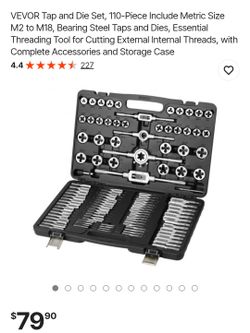 VEVOR Tap and Die Set, 110-Piece Include Metric Size M2 to M18, Bearing Steel Taps and Dies, Essential Threading Tool for Cutting External Internal Th