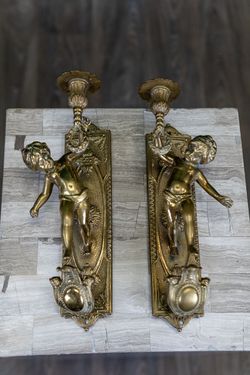Pair Brass Cherub Wall Sconces - Lamps or Candles - Delivery Available