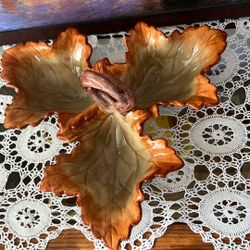 Vintage Three Orange & Brown Leaf Dish With Handle 13.5”x13.5x5.5” - NEW
