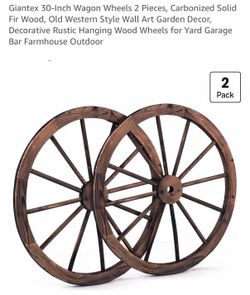 30-Inch Wagon Wheels 2 Pieces, Carbonized Solid Fir Wood, Old Western Style Wall Art Garden Decor, Decorative Rustic Hanging Wood Wheels for Yard Gara