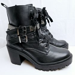 Y2K Style Torrid Black Chunky Zip Ankle Bootie Lug-Heel Faux Leather Womens 8WW