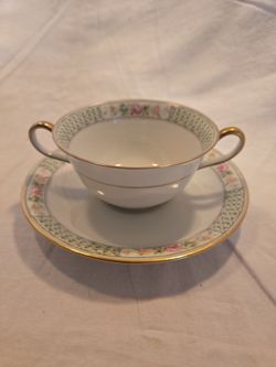 Antique C. Ahrenfeldt Limoges France Double Handled Cream Soup & Saucer - Circa 1900