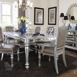 SILVER MIRRORED FINISH 7 PIECE DINING TABLE SET VINTAGE GLAM VIBE