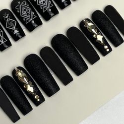 long square black Press on nails with rhinestones
