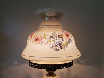 Vintage Hurricane Lamp Ivory  with Pink Blue Flowers