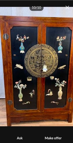 Asian Stone Inlay Carved Wedding Armoire