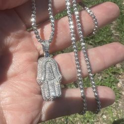 10k White Gold Moon Bead Necklace & Diamond Hamsa Pendant  - 26 Inches