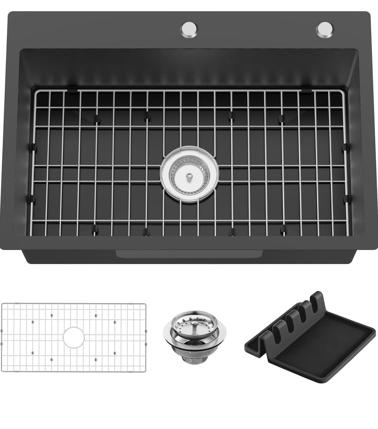 Black Kitchen Sink, 27x18 Inch Stainless Steel Drop In Modern Single Bowl Topmount Kitchen And Bar Sink Combo-SS Grid,Spoon Rest,Drain Strainer Set Co