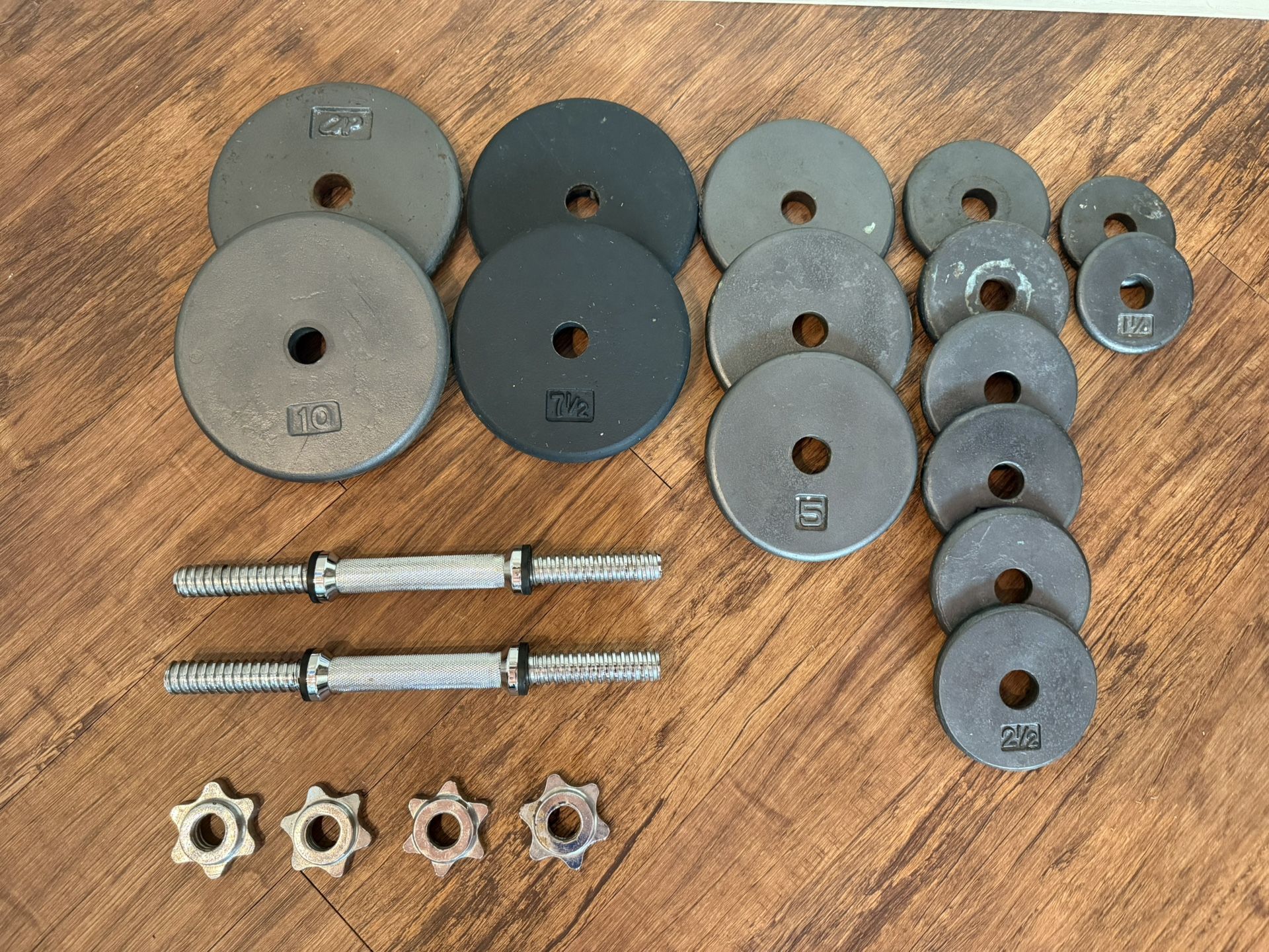 Weight Plates and Pair of Threaded Dumbbell Handles 14 in